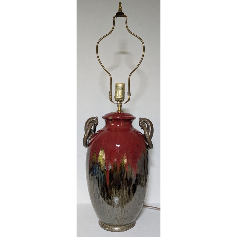 Vtg 1970s Carstens Attributed Ox Blood Lava Glaze Pottery Table Lamp W/Harp